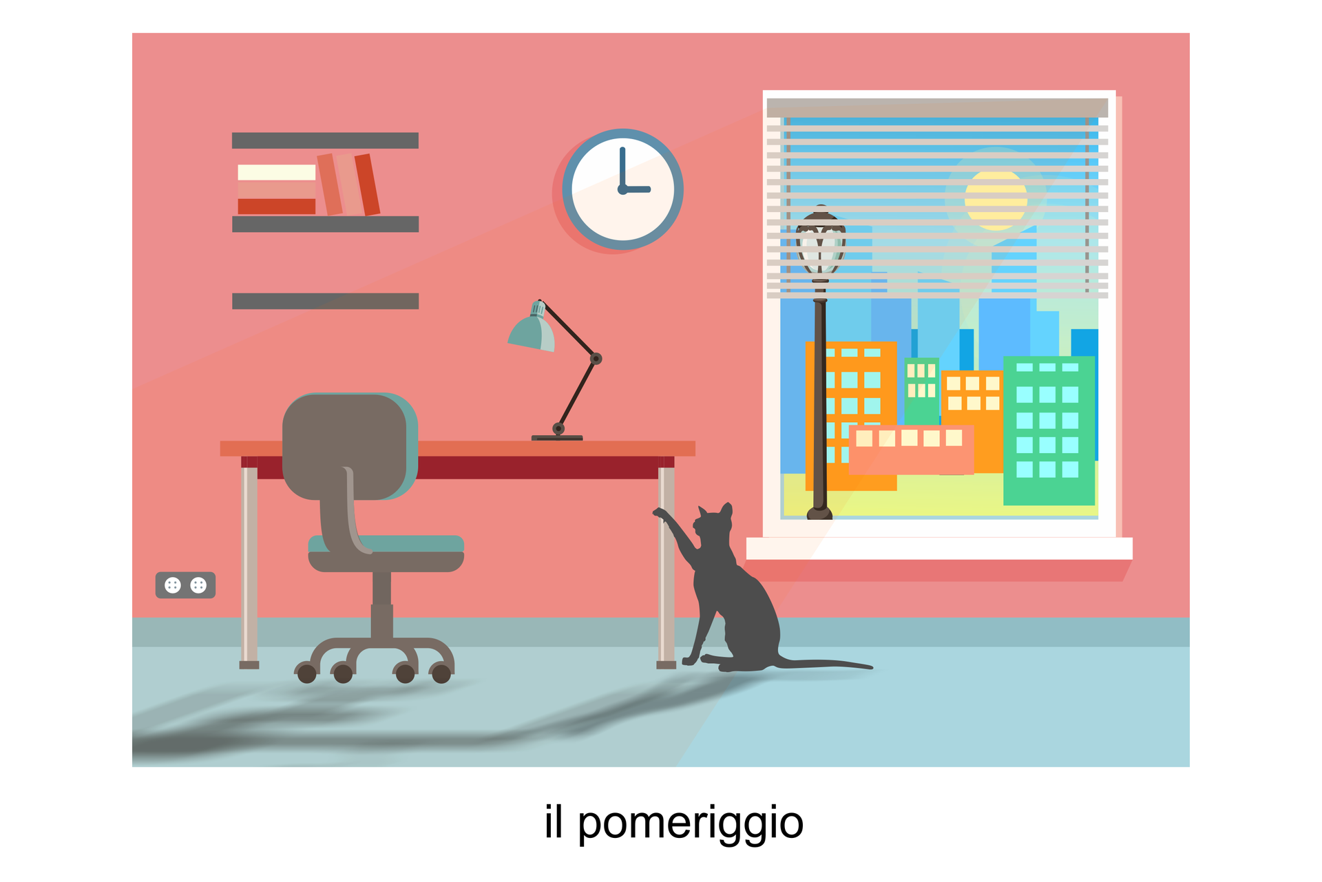 Rysunek przedstawia pokój z dużym oknem. Po lewej stronie stoi biurko i krzesło. Zegar pokazuje godzinę trzecią. Za oknem widoczne jest słońce po zachodniej stronie nieba. 