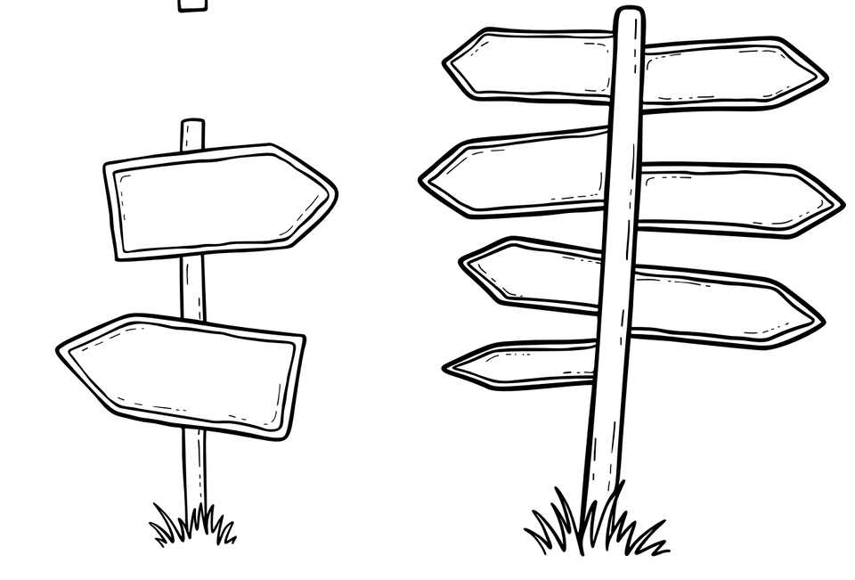 Biało czarne grafika, na niej dwa drogowskazy z pustymi tabliczkami, w różnych kierunkach.