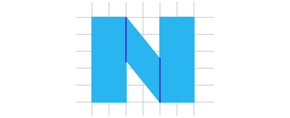 Ilustracja przedstawia literę N zbudowaną z czworokątów. Pionowe linie dzielą je na następujące figury. Dwóch prostokątów oraz jednego równoległoboku. 