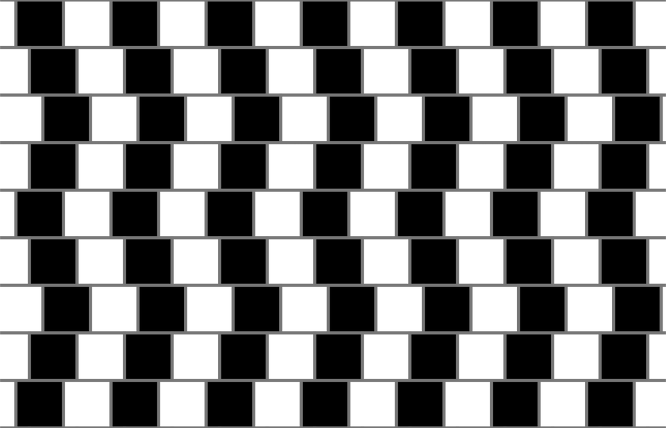 Ilustracja przedstawia poziome pasy zbudowane naprzemiennie z białych i czarnych kwadratów. Pasy przylegają do siebie. Kwadraty w kolejnych pasach, rzędach są nieznacznie względem siebie przesunięte.   