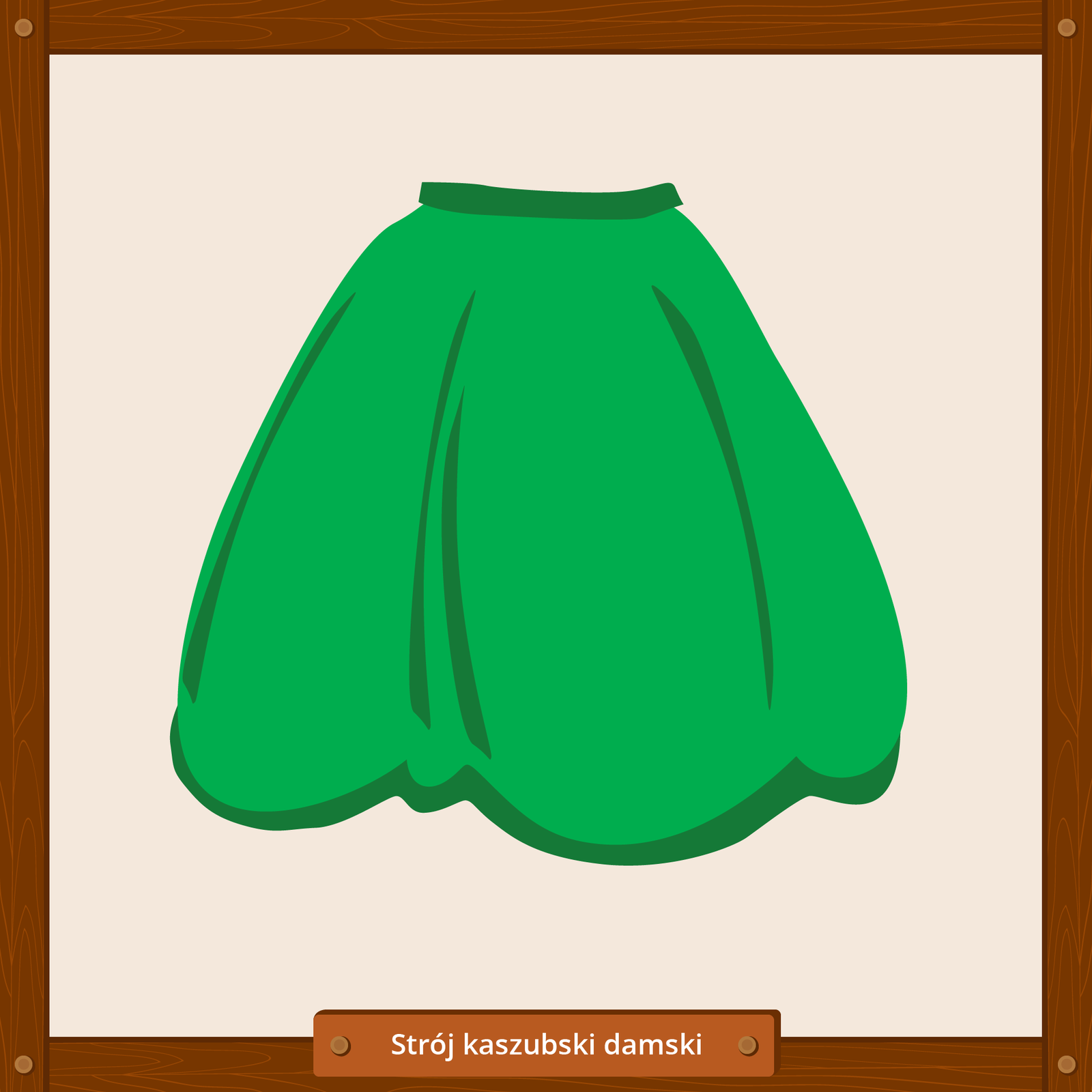 Ilustracja przedstawia element stroju kaszubskiego damskiego, jakim jest zielona spódnica.