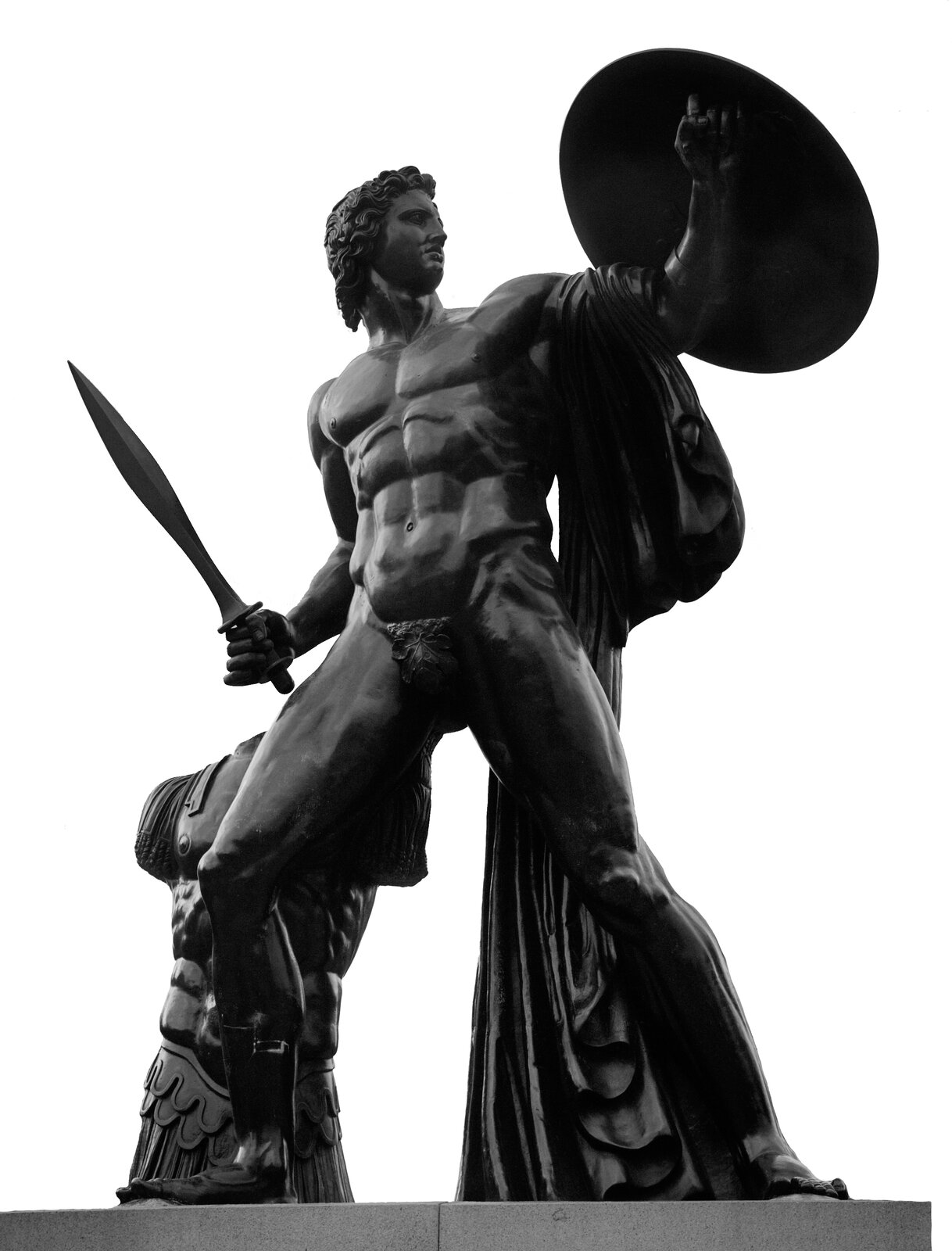 Na rzeźbie odwzorowany jest nagi, silnie umięśniony mężczyzna z okrągłą tarczą w jednej ręce i mieczem w drugiej. Przez jedno ramię ma przewieszony płaszcz. Za nim widoczna jest zbroja.