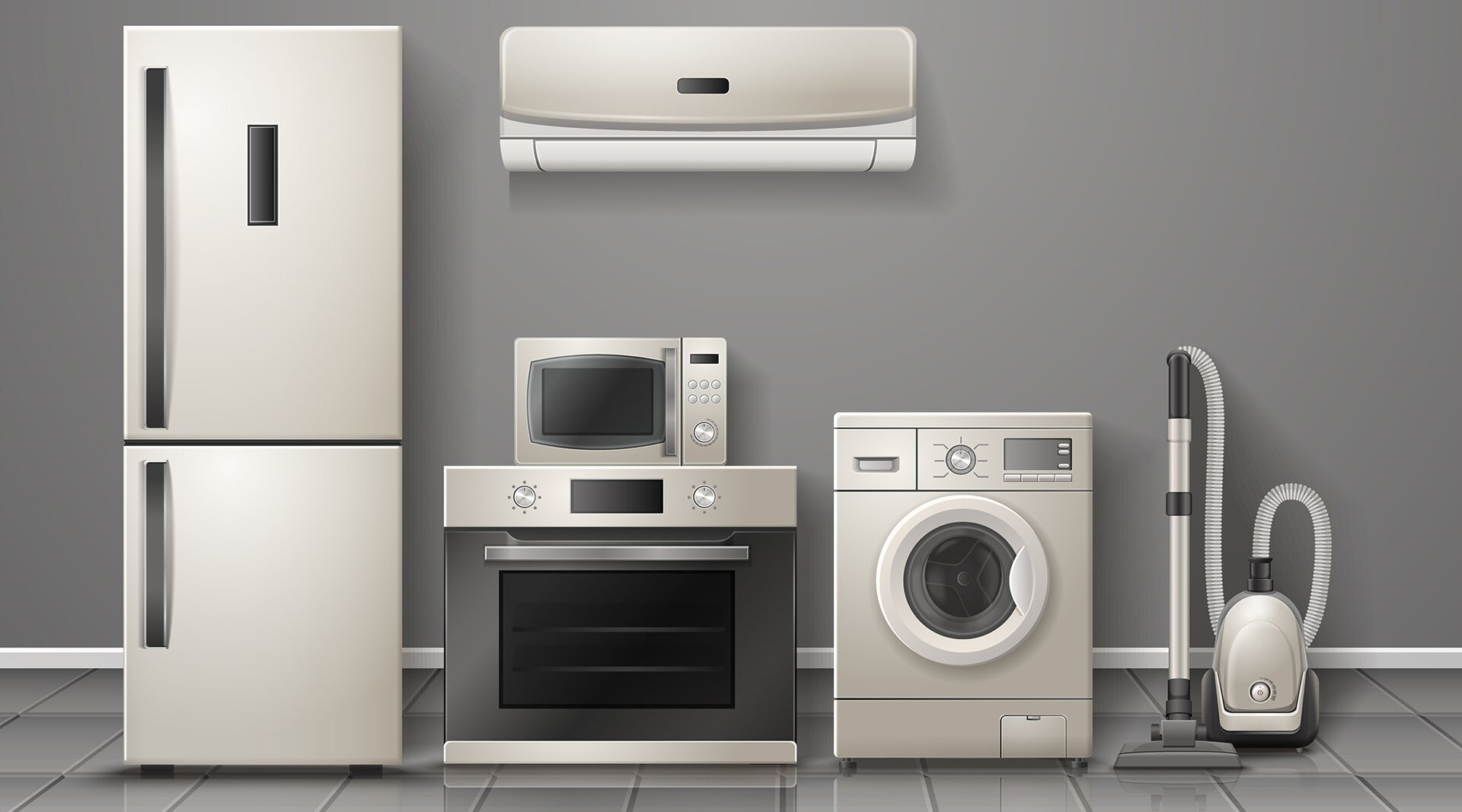 Ilustracja przedstawia mały oraz duży sprzęt AGD ustawiony pod ścianą obok siebie. Od lewej stoi lodówka, obok piekarnik, na którym stoi kuchenka mikrofalowa, obok pralka oraz odkurzacz. Nad niższymi sprzętami wisi klimatyzator.