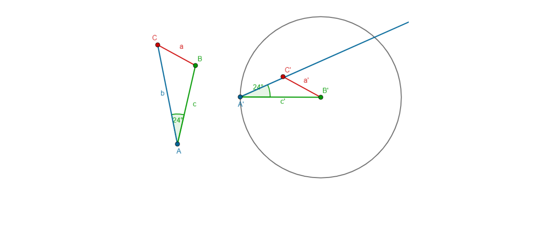 Na rysunku znajduje się trójkąt ABC o bokach długości a, b, c. Kąt CAB ma miarę dwadzieścia cztery stopnie. Obok trójkąta znajduje się trójkąt A prim B prim C prim o bokach długości a prim i b prim. Punkt B prim jest środkiem okręgu o promieniu c prim. Punkt C prim znajduje się na półprostej A prim C prim. Jest to trójkąt A prim B prim C prim, którego bok A prim C prim ma inną długość, niż bok A prim C prim z rysunku poprzedniego.