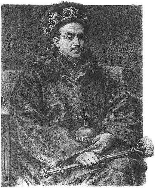 Szkic przedstawia Kazimierza czwartego Jagiellończyka. Siedzi on na tronie. Jest ubrany w szatę, a na głowie ma dużą koronę. Ma wąsa. W Prawej ręce trzyma położone na kolanach berło, a lewą dotyka królewskie jabłko, które również leży na lego kolanach.