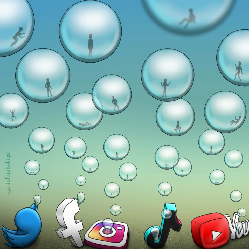 Na dale ilustracji przedstawiono takie symbole jak niebieski ptaszek, litera f, kolorowa, gradientowa ikona aparatu z zaokrąglonymi rogami, białą ramką, białym okręgiem w środku i małą białą kropką, symbol muzycznej nuty, czerwony prostokąt z białym trójkątem skierowanym w prawo i napis You. Z każdego symbolu unoszą się w górę kule, w których są umieszczone postacie.