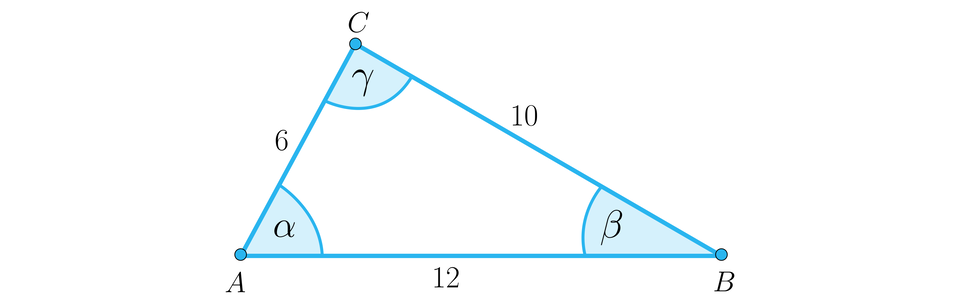 Ilustracja przedstawia trójkąt A B C o kątach wewnętrznych przy wierzchołku A kąt alfa, przy wierzchołku B kąt beta, a przy wierzchołku C kąt gamma. Długość podstawy AB wynosi 12 jednostek, długość ramienia A C wynosi 6 jednostek, natomiast długość ramienia B C wynosi 10 jednostek. 
