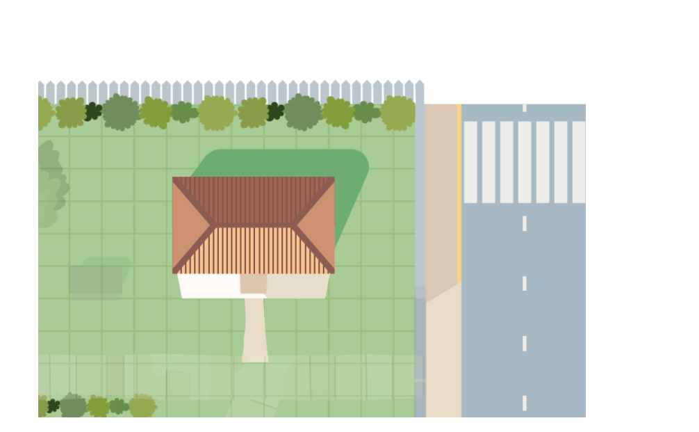 Grafika przedstawia widok na fragment mapy po powiększeniu. Na zbliżeniu widoczna jest pracownia, która ma kształt małego domu.