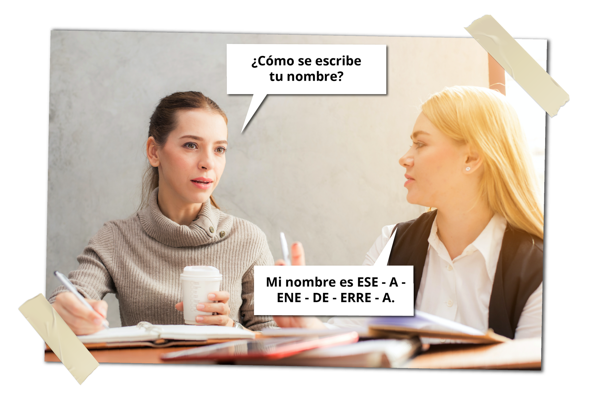 Ilustracja przedstawia dwie kobiety siedzące przy stole z otwartymi książkami i notatkami. Kobieta z lewej coś notuje, w drugiej ręce trzyma kubek z napojem. Na grafice znajdują się dymki prezentujące dialog. Kobieta z kubkiem: ¿Cómo se escribe tu nombre? Kobieta obok: Mi nombre es ESE - A - ENE - DE - ERRE - A.