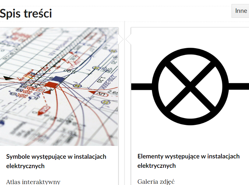 Grafika przedstawia dwa kafelki ze spisu treści. Są umiejscowione obok siebie. Pierwszy od lewej: zdjęcie okładkowe przedstawiające plan okablowania, poniżej napis. Symbole występujące w instalacjach elektrycznych. Atlas interaktywny. Drugi kafelek: zdjęcie okładkowe przedstawiające jeden z symboli używanych w planach instalacji elektrycznych, poniżej tytuł: elementy występujące w instalacjach elektrycznych. Galeria zdjęć.
