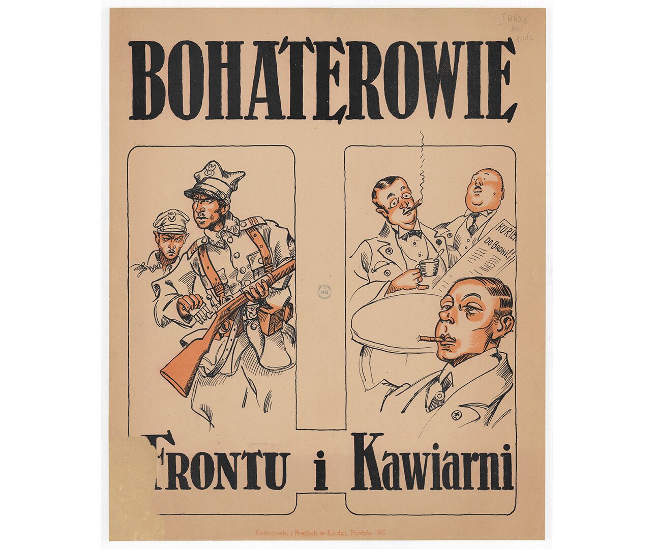 Grafika przedstawiająca plakat. Bohaterowie linii frontu i kawiarni.