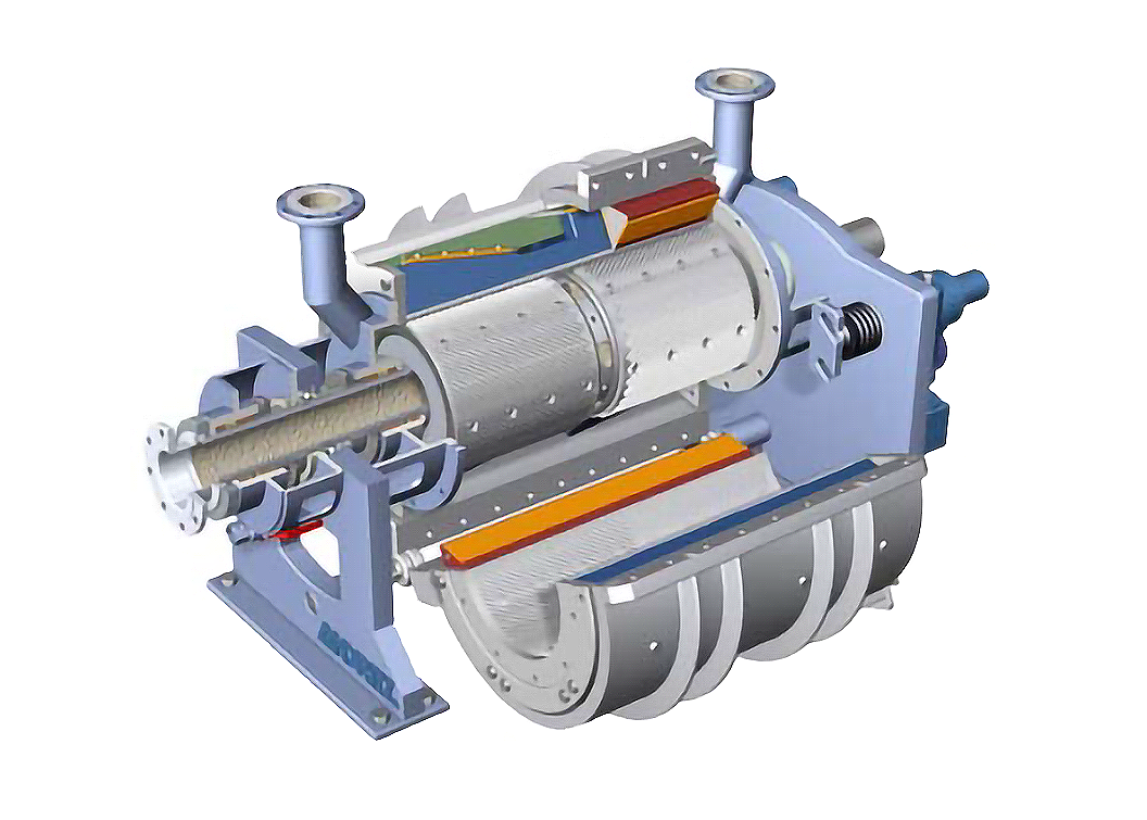 Grafika ukazuje młyn cylindryczny. Centralną częścią urządzenia jest wirnik umieszczony w obudowie. Powyżej znajdują się dwa wloty.