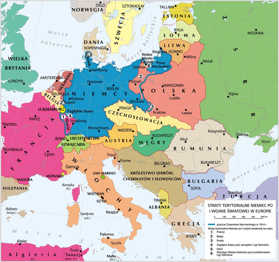 Mapa przedstawiająca zmiany w Niemczech na mocy traktatu wersalskiego kończącego I wojnę światową.
