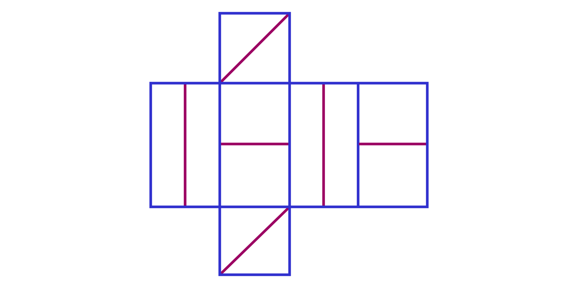 Grafika przedstawia siatkę  graniastosłupa prawidłowego czworokątnego. Siatka przedstawiona jest w taki sposób że cztery prostokąty ułożone są przylegająco wysokościami. Powyżej oraz poniżej drugiego prostokąta przylegają kwadraty. Przekątne kwadratów oznaczone są czerwonymi liniami. Boki graniastosłupa również podzielono na pół liniami , dwa wzdłużnie a dwa poprzecznie na mniejsze prostokąty, naprzemianlegle tak że pierwszy i trzeci prostokąt podzielone są na węższe prostokąty a drugi i czwarty na kwadraty.  