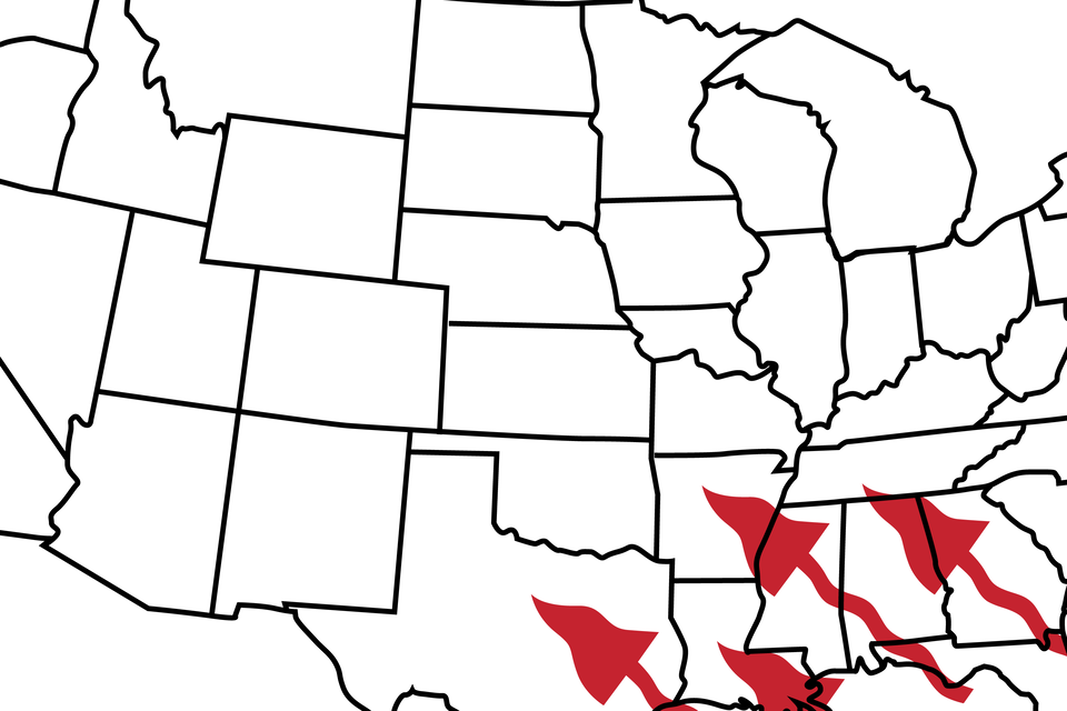 Mapa Ameryki Północnej przedstawia napływ powietrza. Strzałki przemieszczają się znad południowego wschodu nad teren kontynentu.