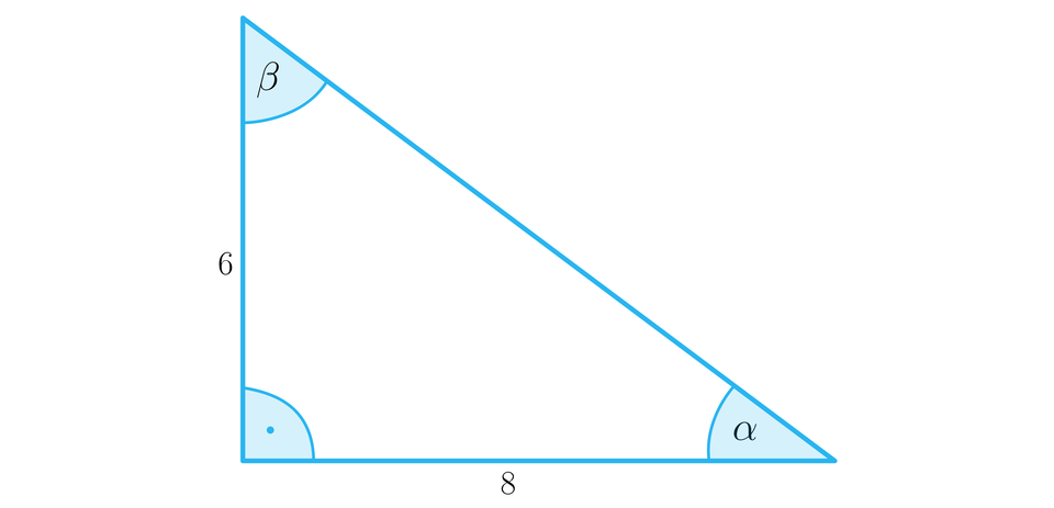 Rysunek przedstawia trójkąt prostokątny o podstawie o długości 8 oraz o pionowej przyprostokątnej o długości 6. Na rysunku zaznaczono również kąty wewnętrzne trójkąta. Między bokiem o długości 6 a przeciwprostokątną zaznaczono kąt BETA, między bokiem o długości 8 a przeciwprostokątną zaznaczono kąt alfa, a między bokami o długościach 6 i 8 zaznaczono kąt prosty.