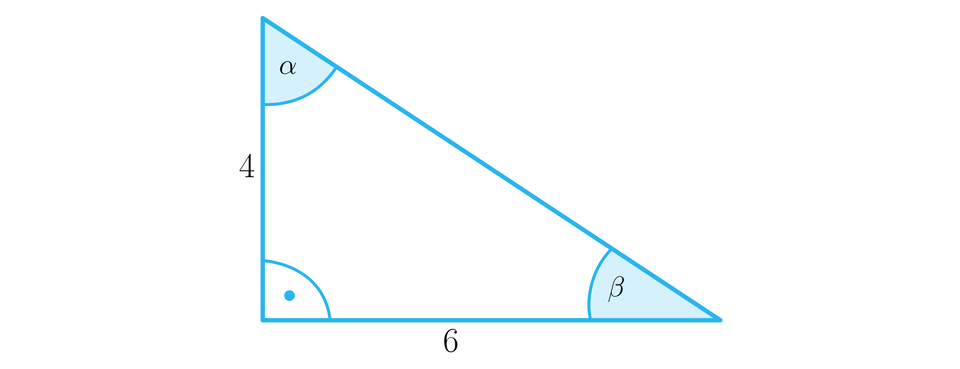 Grafika przedstawia trójkąt prostokątny. Pionowa przyprostokątna ma długość 4. Pozioma przyprostokątna ma długość 6. Kąt pomiędzy krótszą przyprostokątną  a przeciwprostokątną jest podpisany literą alfa. Kąt między dłuższą przyprostokątną  a przeciwprostokątną jest podpisany literą beta. 