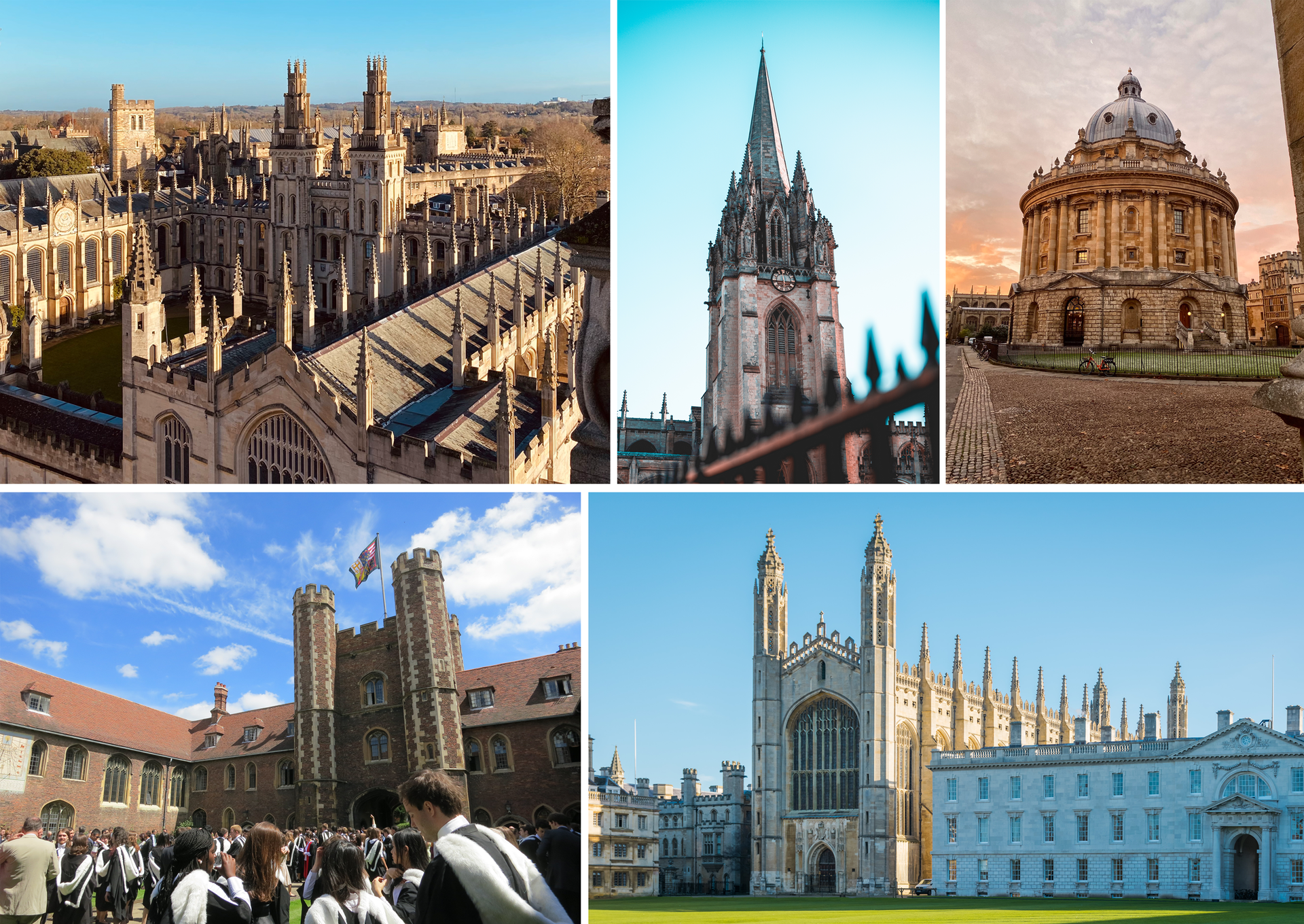 Zdjęcie składa się z pięciu małych fotografii, na których widoczne są budynki, które wchodzą w skład Uniwersytetów Oxford i Cambridge. Zbudowane setki lat temu budynki charakteryzują strzeliste wieże i zdobione elewacje wyglądem przypominające pałace.