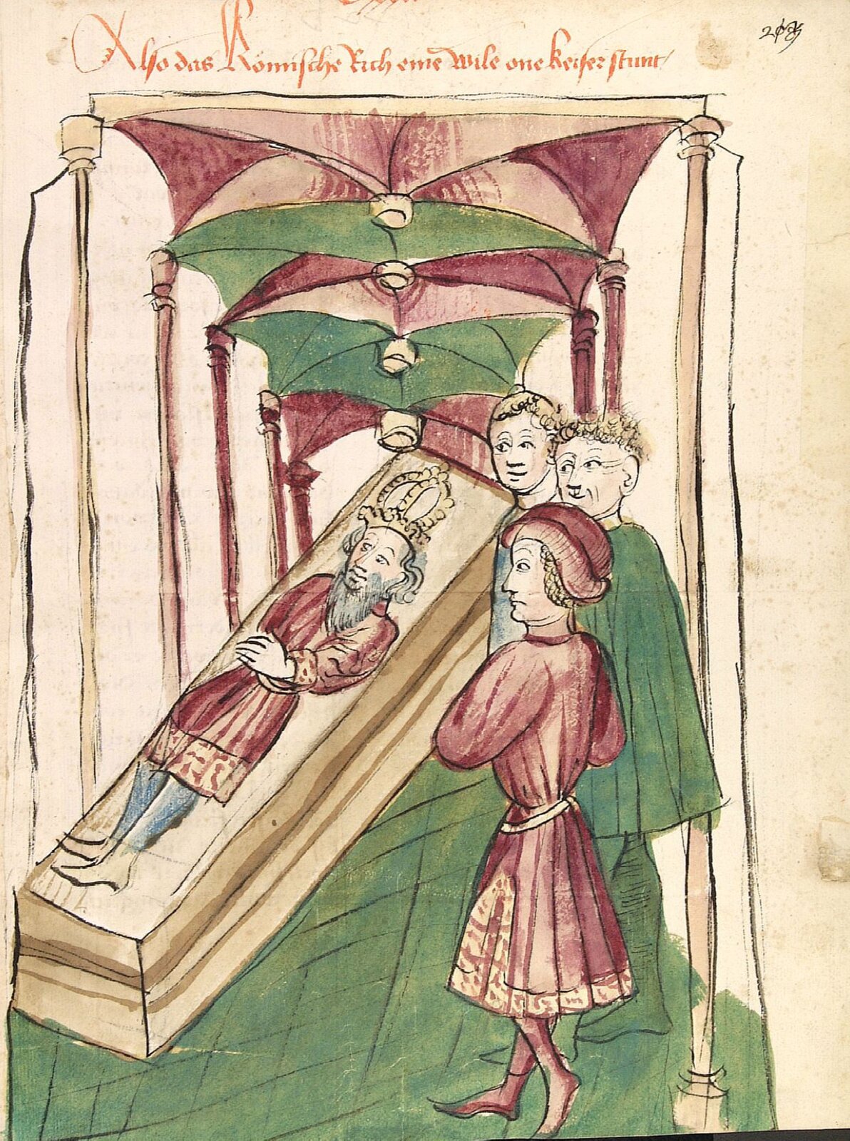 Kolorowa rycina przedstawia trzech mężczyzn ubranych w kolorowe szaty stojących nad trumną z ciałem cesarza. Cesarz jest ubrany w odświętne, czerwone szaty. Ma długa siwą brodę, wysoką koronę, a jego ręce są złożone na brzuchu. Nad postaciami rozpościera się wysokie sklepienie.  