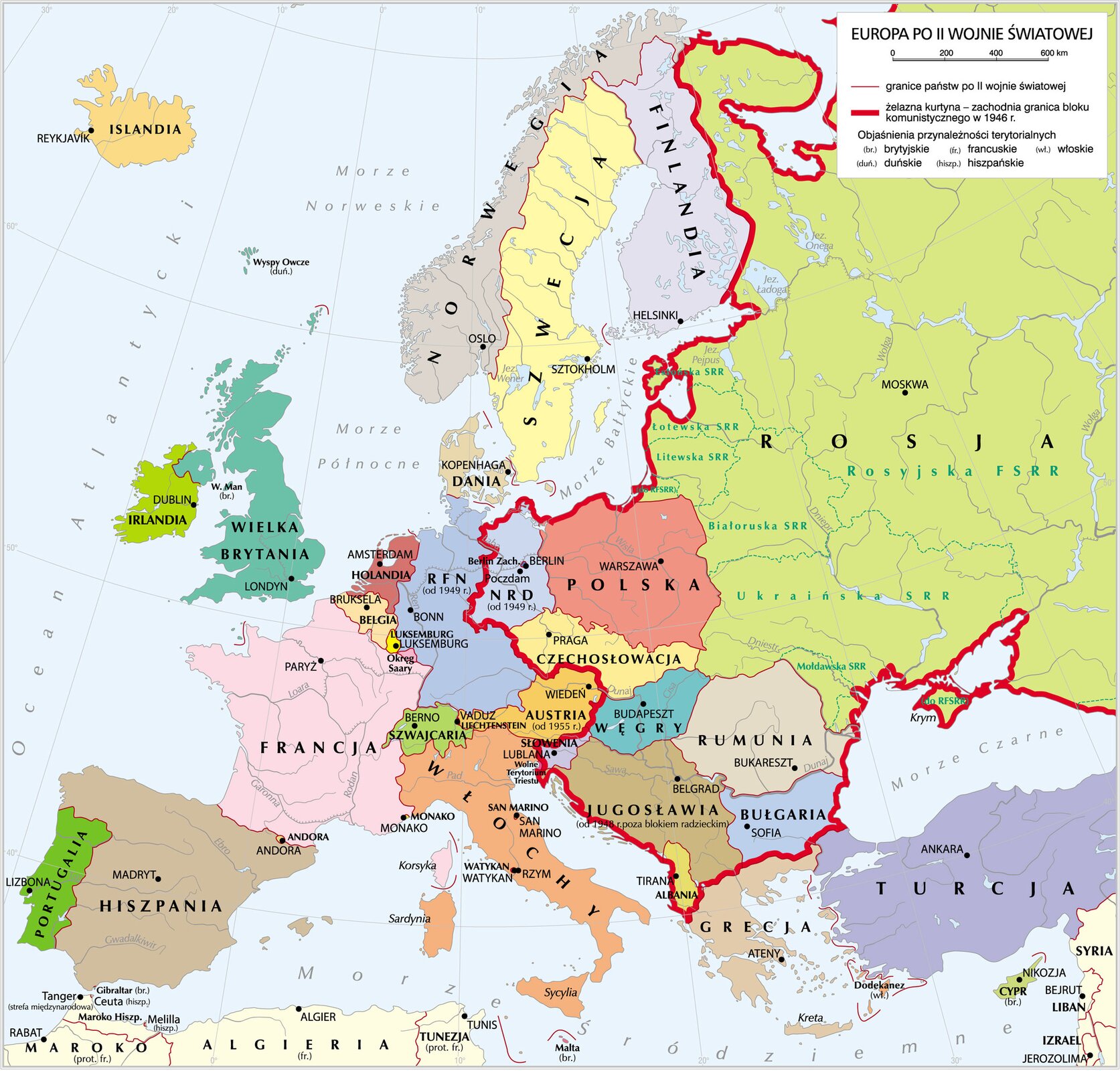 Grafika mapy przedstawiającej Europę po drugiej wojnie światowej.