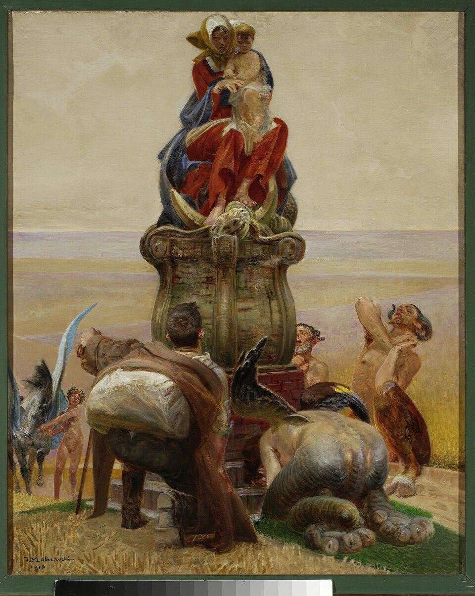 Ilustracja o kształcie pionowego prostokąta przedstawia obraz Jacka Malczewskiego „Idź nad strumienie”. Ukazuje kobietę z dzieckiem siedzących na szczycie powozu. Kobieta przypomina Madonnę z Dzieciątkiem. Pod jej stopami znajduje się rogal księżyca. Wokół powozu zgromadziły się fauny, chimery i Parki, anioły i personifikacje śmierci, aby oddać im cześć. Tłem jest szeroki i daleki pejzaż z polami. 