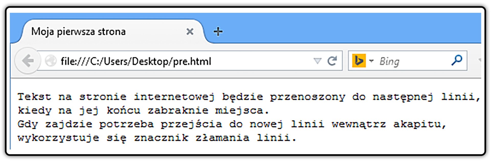 Zrzut widoku strony dokumentu HTML z tekstem umieszczonym pomiędzy znacznikami zachowującymi jego oryginalne formatowanie