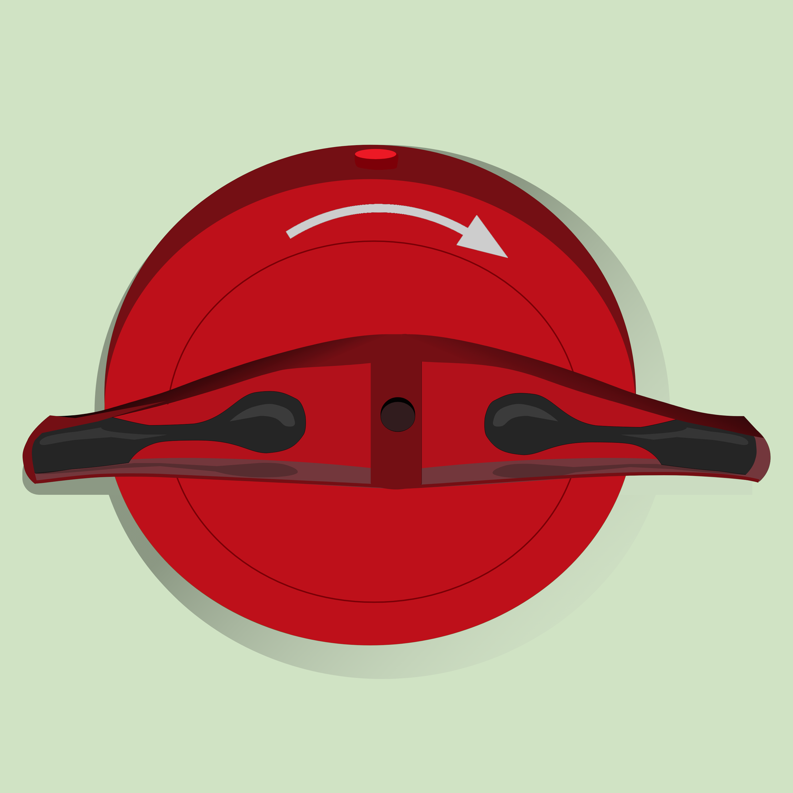 Grafika przedstawia hamulec ręczny. Ma kształt płaskiego walca z przyciskiem na górze. Znajdują się na nim dwie dźwignie z uchwytami, za pomocą których można go obrócić zgodnie ze wskazówkami zegara.