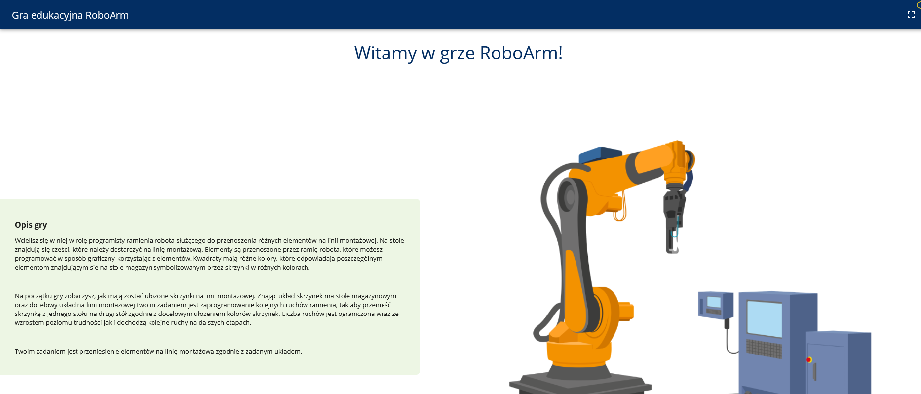 Grafika przedstawia ekran startowy gry. Po lewej stronie znajduje się opis gry. Po prawej widoczna jest ilustracja przedstawiająca podnośnik.
