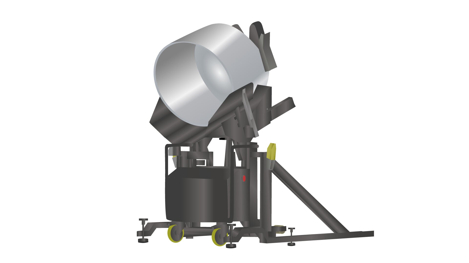 Grafika przedstawia wywrotnicę zwykłą (poziomą). Widoczne jest urządzenie z cylindryczną dzieżą, skierowaną wylotem w dół, zamocowaną na  stelażu wyposażonym w kółka z biegnącym pod skosem ramieniem stabilizującym stelaż po prawej stronie.