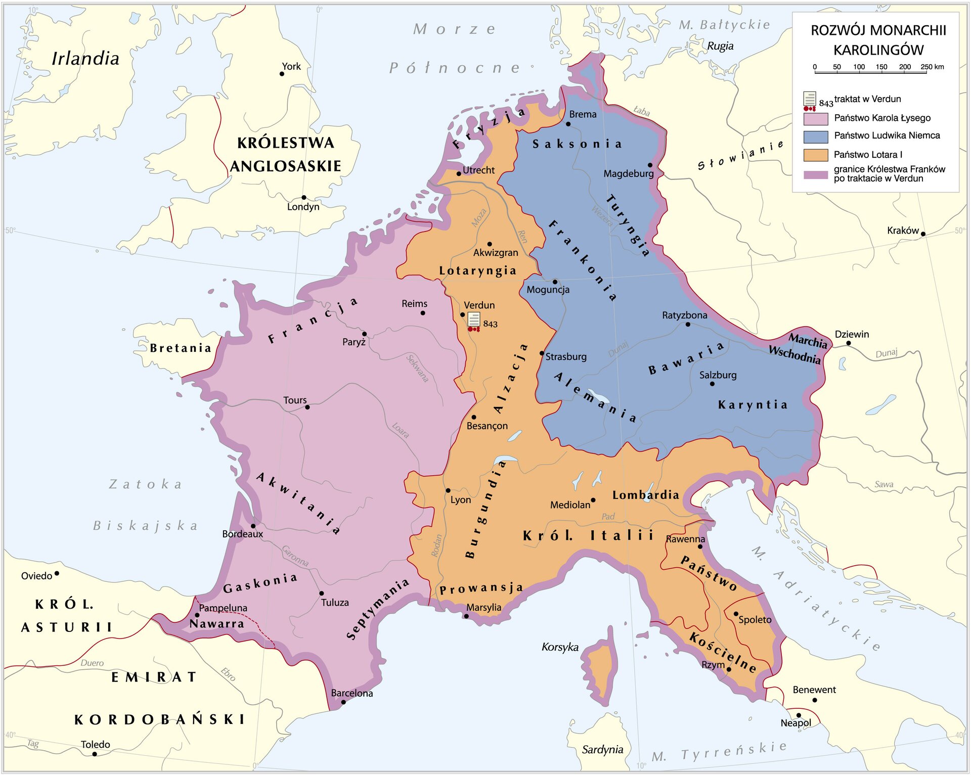 Mapa przedstawiająca podział monarchii karolińskiej na skutek traktatu w Verdun. Kolorem fioletowym oznaczono ziemie Karola Łysego: Nawarrę, Gaskonię, Septymanię, Akwitanię i Francję. Miasta: Pampeluna, Barcelona, Tuluza, Bordeaux, Tours, Paryż, Reims. Kolorem pomarańczowym oznaczono państwo Lotara I, które składało się z ziem: Lotaryngii, Alzacji, Burgundii, Prowansji, Królestwa Italii, Lombardii, Państwa Kościelnego. Miasta: Rzym, Spoleto, Rawenna, Mediolan, Marsylia, Lyon, Besancon, Verdun, Akwizgran, Strasburg, Utrecht. Kolorem niebieskim oznaczono ziemie Ludwika Niemca: Saksonię, Turyngię, Frankonię, Alemanię, Bawarię, Karyntię i Marchię Wschodnią. Miasta: Moguncja, Salzburg, Ratyzbona, Magdeburg, Brema. Pozostałe ziemie: Królestwo Asturii, Emirat Kordobański, Irlandia, Królestwa Anglosaskie, Słowianie, Sardynia, Rugia. Zbiorniki wodne: Zatoka Biskajska, Morze Północne, Morze Bałtyckie, Morze Adriatyckie, Morze Tyrreńskie. Miasta: Oviedo, Toledo, Dziewin, Kraków, Londyn, York, Benewent, Neapol.  