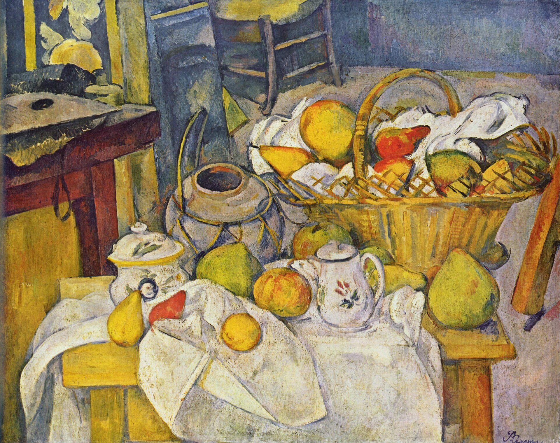 Ilustracja o kształcie poziomego prostokąta przedstawia obraz Paula Cézanne’a „Martwa natura z kuchennym stołem” Ukazuje żółty, drewniany stół nakryty niedbale białym, udrapowanym obrusem. Ujętą nieco z góry martwą naturę tworzą: wielki wiklinowy kosz wypełniony  owocami,  naczynia kuchenne  oraz porozrzucane różne owoce. Po lewej stronie znajduje się brązowy stolik, a w dali krzesła. Ściana w tle jest w kolorze niebiesko-fioletowym. 