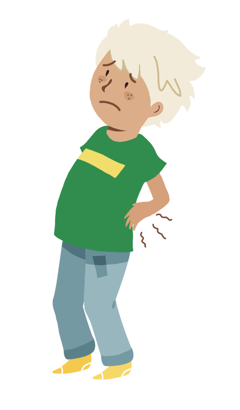 Ilustracja przedstawia chłopca trzymającego się za plecy, na twarzy ma grymas wyrażający ból.