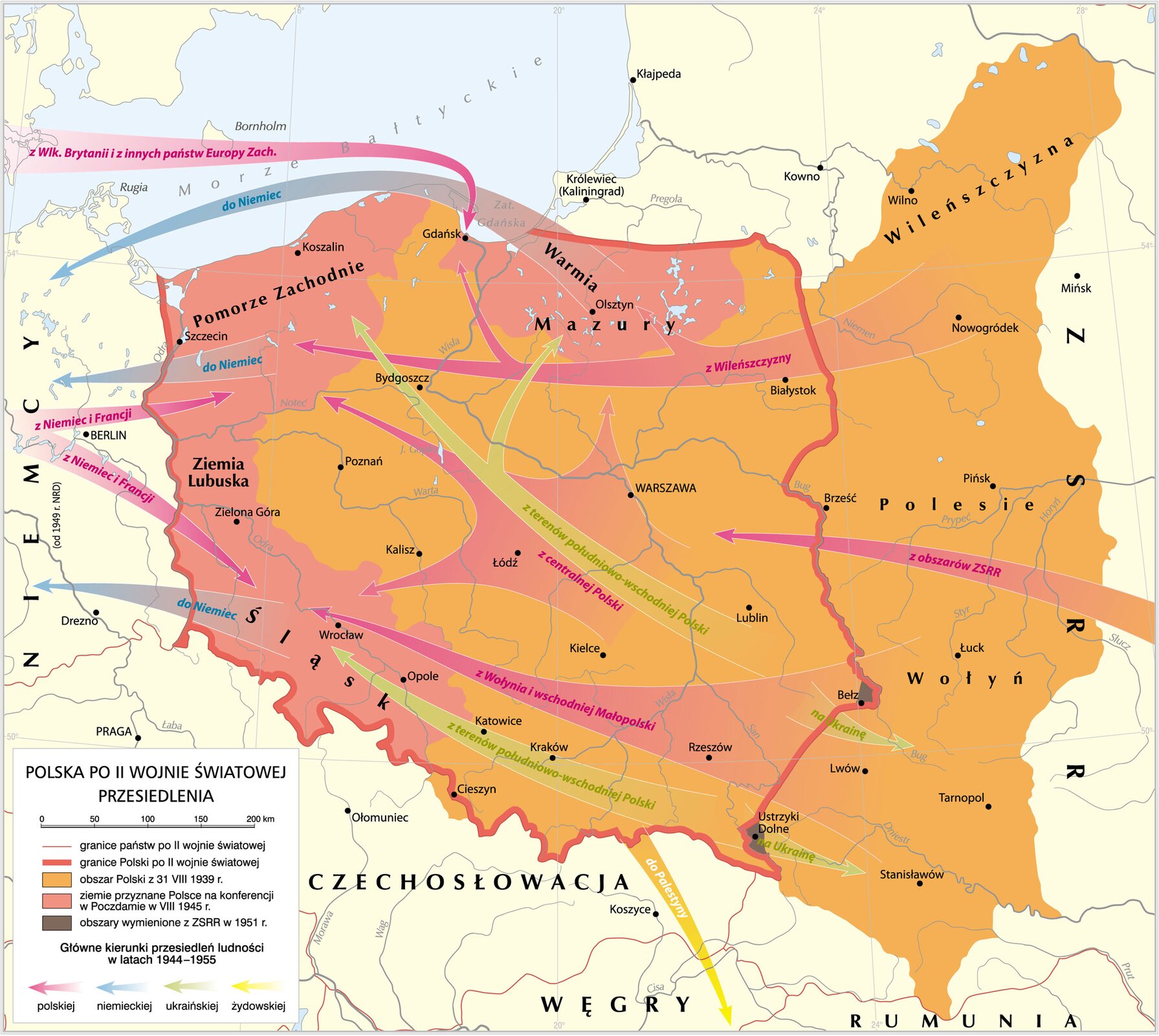 Grafika mapy przedstawiająca Przesiedlenie po II wojnie światowej na ziemie polskie. 