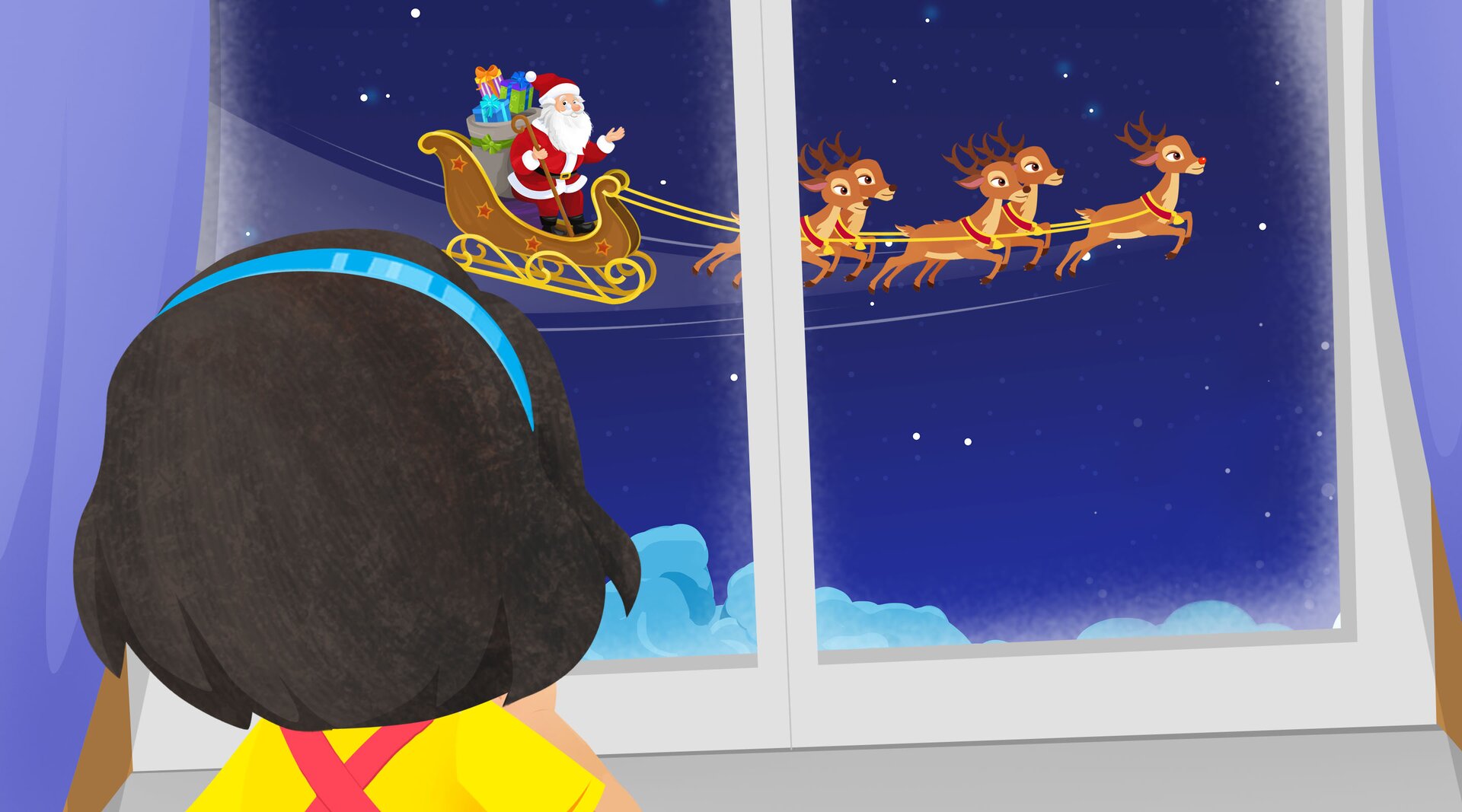 Ilustracja przedstawia dziewczynkę patrzącą przez okno na zaprzęg świętego Mikołaja na nocnym niebie. 