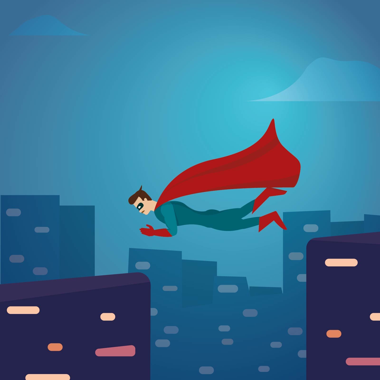 Ilustracja przedstawia super bohatera skaczącego nad przepaścią między dwoma wysokimi budynkami. W tle widać miasto nocą. Super bohater przedstawiony jest jako sylwetka człowieka z długą czerwona peleryną.