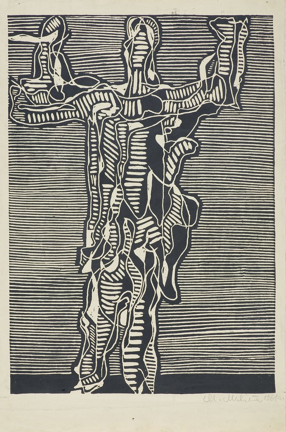 Praca autorstwa Mariana Maliny pod tytułem „Postać z uniesionymi rękoma” przedstawia pracę wykonaną w technice linorytu. Pierwsze tło pracy stanowi wyprostowana stojąca postać z uniesionymi rękoma ku górze. Figura człowieka nie zawiera żadnych detali, cała wypełniona jest białymi poziomymi i ukośnymi liniami oraz czarnymi plamami, które wypełniają powierzchnię pomiędzy liniami. Tło stanowią gęsto ułożone białe linie pomiędzy którymi rozmieszczono czarne linie. Dół dzieła stanowi podłogę/chodnik/drogę na której stoi postać. Dół dzieła jest wypełniony kolorem czarnym.