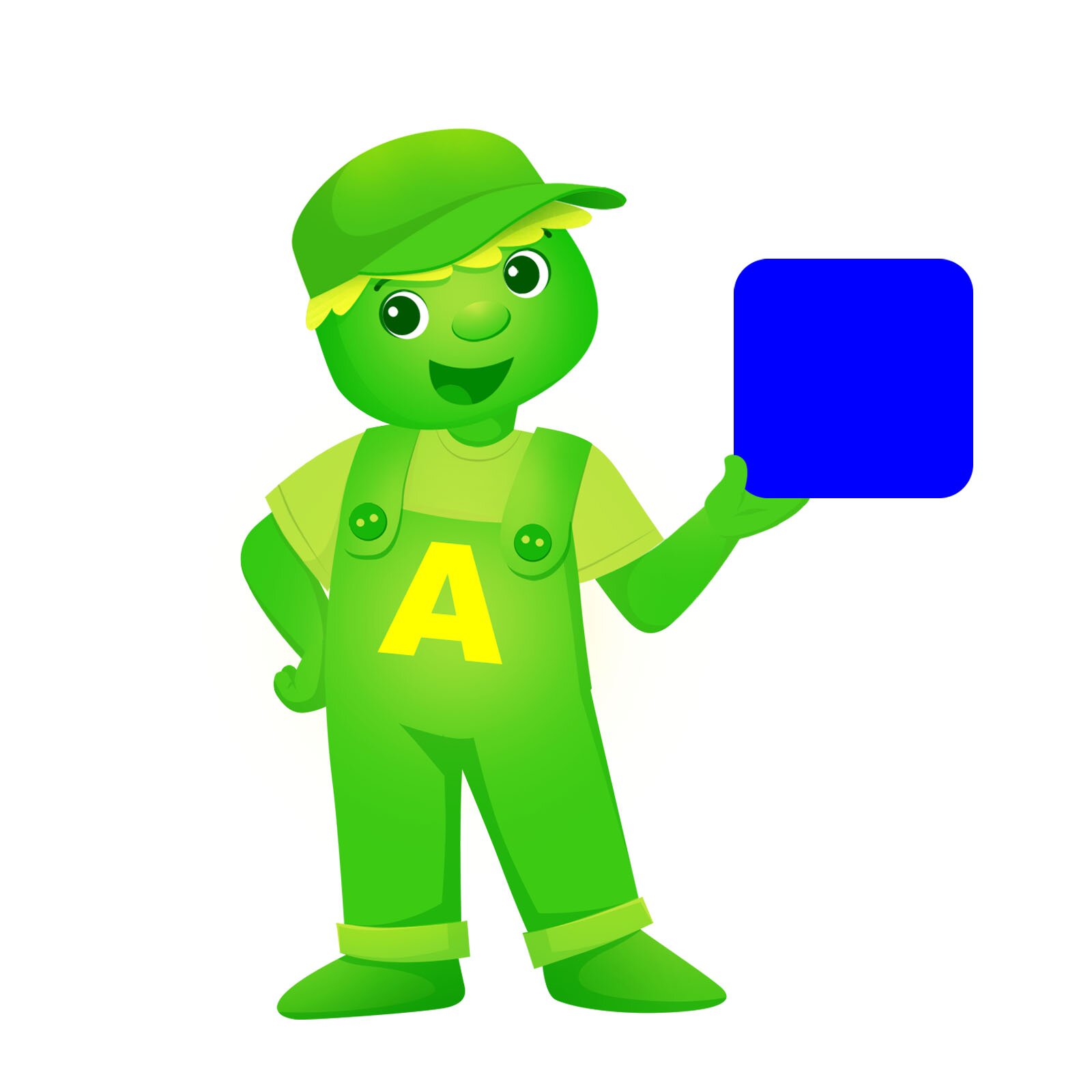 Ilustracja przedstawia ludzika o imieniu Ampel. Ubrany jest w ogrodniczki, koszulkę i czapkę z daszkiem. W ręce trzyma niebieską kartkę. 