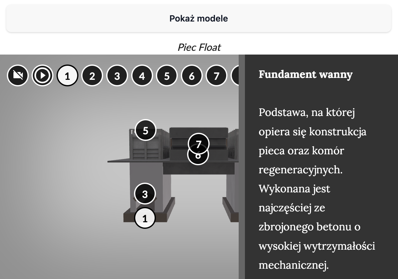Model 3D przedstawia piec float. Ukazana jest jego część znajdująca się pod powierzchnią ziemi, gdzie znajdują się dwa paleniska oraz część naziemna. Widoczna jest treść przypisana do interaktywnego punktu numer jeden. Dotyczy ona fundamentu wanny.