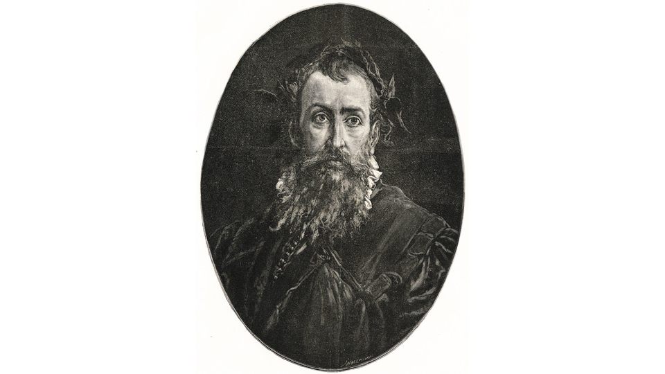 Obraz przedstawia dojrzałego mężczyznę ze zwichrzonymi włosami i długą brodą. Mężczyzna ubrany jest w kaftan, pod szyją ma niewielką kryzę.