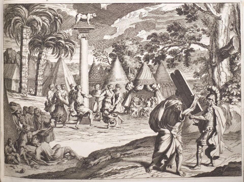 Ilustracja przedstawia obozowisko z rozbitymi namiotami w kształcie stożków. Przed namiotami stoi kolumna, na której umieszczono złotego cielca, jest to figura zwierzęcia przypominającego byka. Wokół kolumny tańczą kobiety i mężczyźni trzymając się za ręce. Na pierwszym planie znajduje się człowiek trzymający w ręku kamienne tablice, pokazuje je żołnierzowi, który nie pozwala mu dalej przejść. W lewym dolnym rogu grupa ludzi odpoczywa pod drzewem pijąc napój z kielichów.