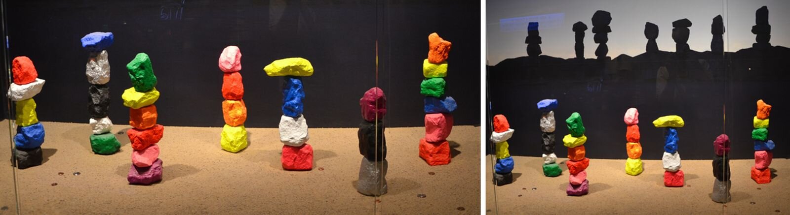 Dwa zdjęcie zamieszczone obok siebie są niezbędne do zilustrowania polecenia. Na obu kilka figurek zrobionych z plasteliny umieszczono na stole. Na drugim zdjęciu, dzięki oświetleniu ukazały się ich cienie, dlatego tym razem odnosimy wrażenie większej przestrzeni. 