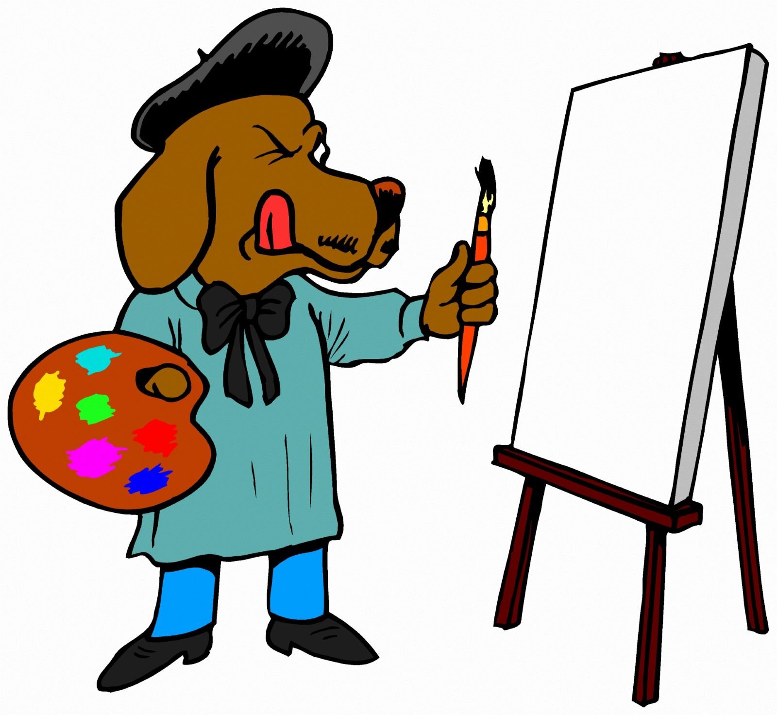 Ilustracja przedstawia malarza w żartobliwej formie, stojącego przed sztalugą i jeszcze pustym obrazem. Postać ma głowę psa, z podwiniętym językiem, kiedy jest się skupionym na pracy. Na głowie ma beret, a na sobie długi fartuch z kokardą pod brodą. W jednej ręce trzyma paletę malarską, w drugiej pędzel. Zwraca się ku obrazowi mrużąc oko.