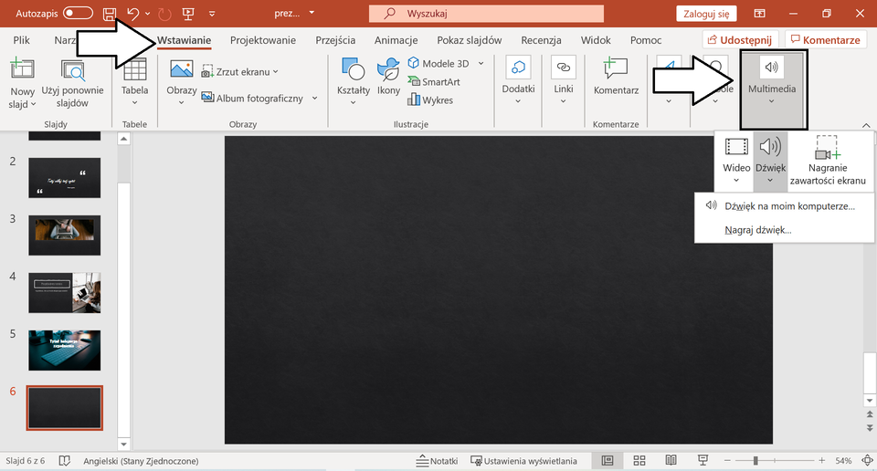 Ilustracja przedstawia otwarty program PowerPoint, w którym znajduje się prezentacja. U góry na pasku zadań została wybrana opcja Wstawianie, Następnie po prawej stronie została wybrana opcja Multimedia, a następnie opcja dźwięk. 