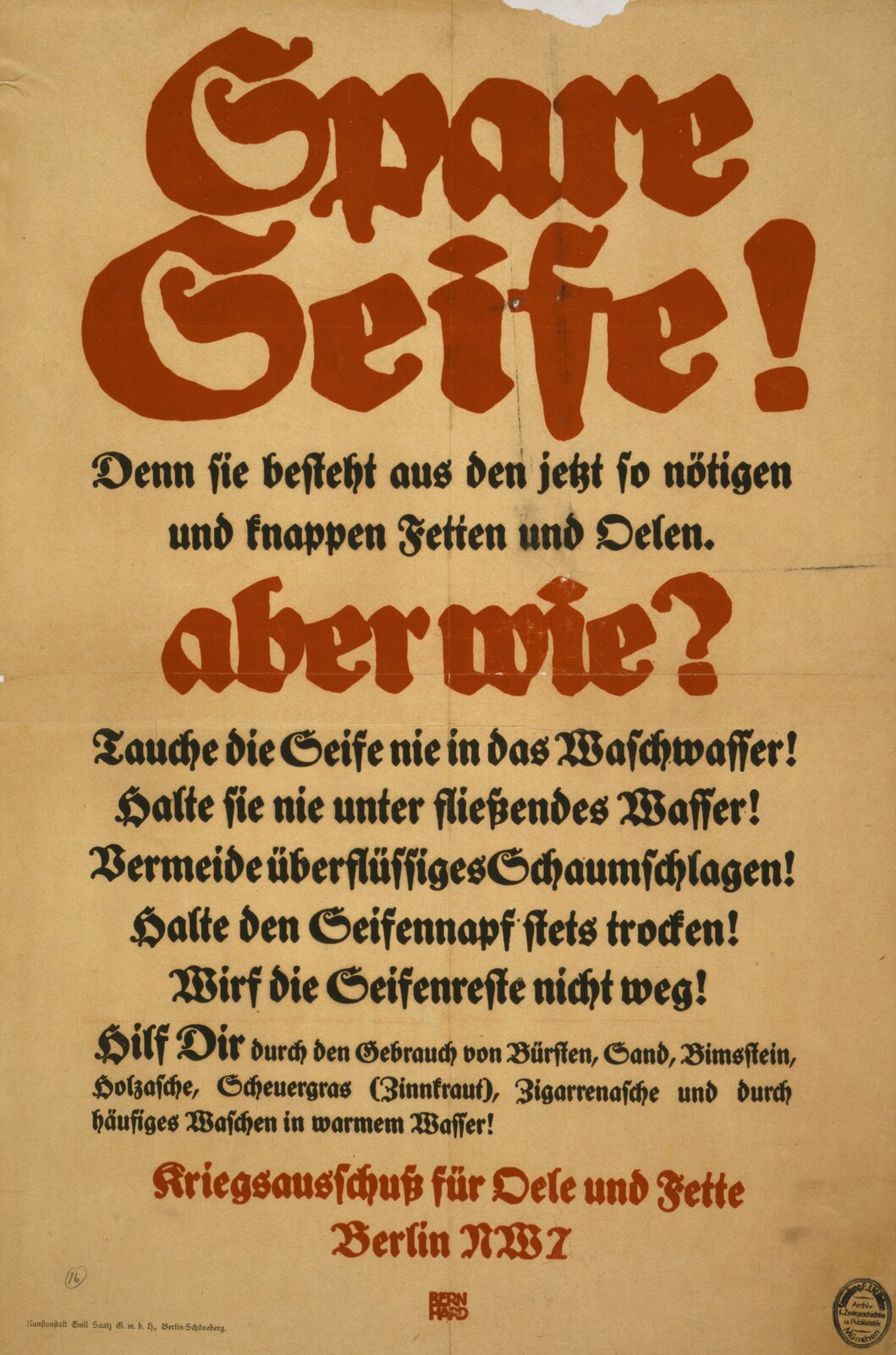 plakat niemiecki nawołujący do oszczędzania mydła i oleju