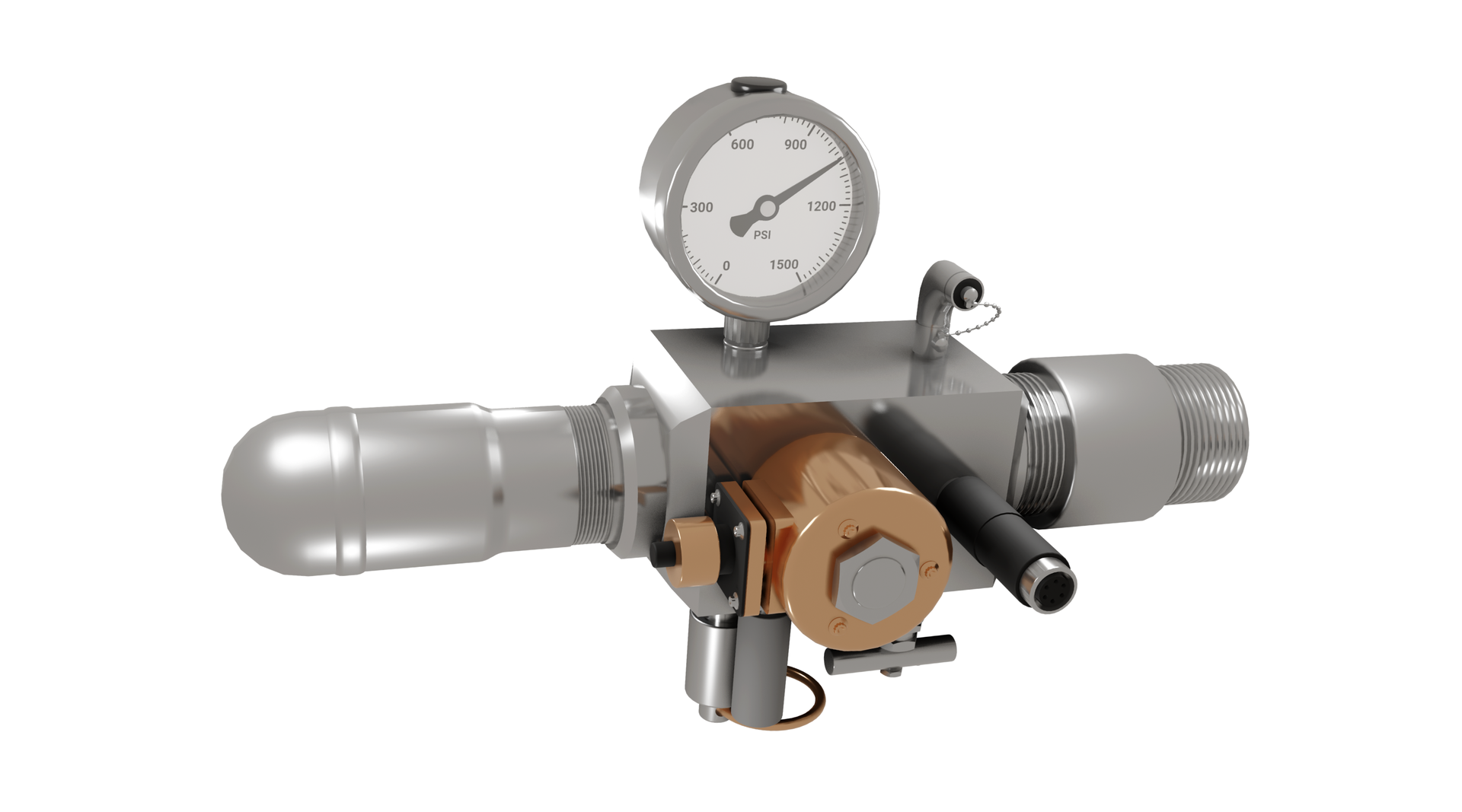 Na zdjęciu przedstawiono przykładowy automatyczny pistolet gazowy. Pistolet wykorzystywany jest do automatycznych pomiarów w odwiercie polegających na wytworzeniu impulsu ciśnienia poprzez implozje lub eksplozję.Widoczne na zdjęciu urządzenie jest w orientacji poziomej. Centralną jego częścią jest prostopadłościenny korpus. Na przedniej ścianie prostopadłościanu widać brązowy walec o orientacji poziomej. Na górnej podstawie walca znajduje się sześciokątna główka śruby. Obok walca widać cienki cylindryczny element o orientacji poziomej. Do lewej ściany walca przyłączony jest element o kształcie o kształcie walca którego podstawa widoczna po lewej stronie ma kształt półkuli. Do górnej ściany pistoletu przymocowany jest manometr. Manometr ma kształt okręgu. Centralną jego częścią jest tarcza oraz wskazówka wskazująca wartość ciśnienia. Manometr jest przyłączony do korpusu cienką szyjką o kształcie cylindra. Od prawej ściany korpusu odchodzi element o kształcie walca. Po lewej jak i po prawej stronie elementu znajduje się gwint.