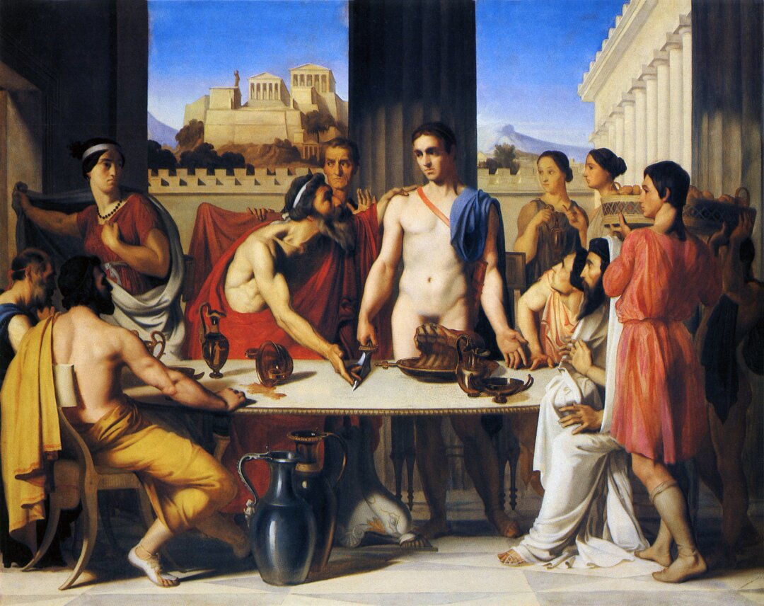 Tezeusz zostaje rozpoznany przez ojca Źródło: Hippolyte Flandrin, Tezeusz zostaje rozpoznany przez ojca, 1832, olej na płótnie, École nationale supérieure des Beaux-Arts, Paryż, domena publiczna.