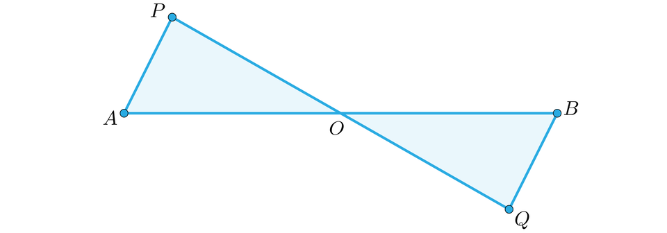Ilustracja przedstawia dwa równoległe odcinki: A P, gdzie punkt P leży nad A oraz B Q, gdzie punkt B leży nad punktem Q. Końce tych odcinków połączono dwoma odcinkami przecinającymi się w punkcie O. Odcinki te to P Q oraz A B.