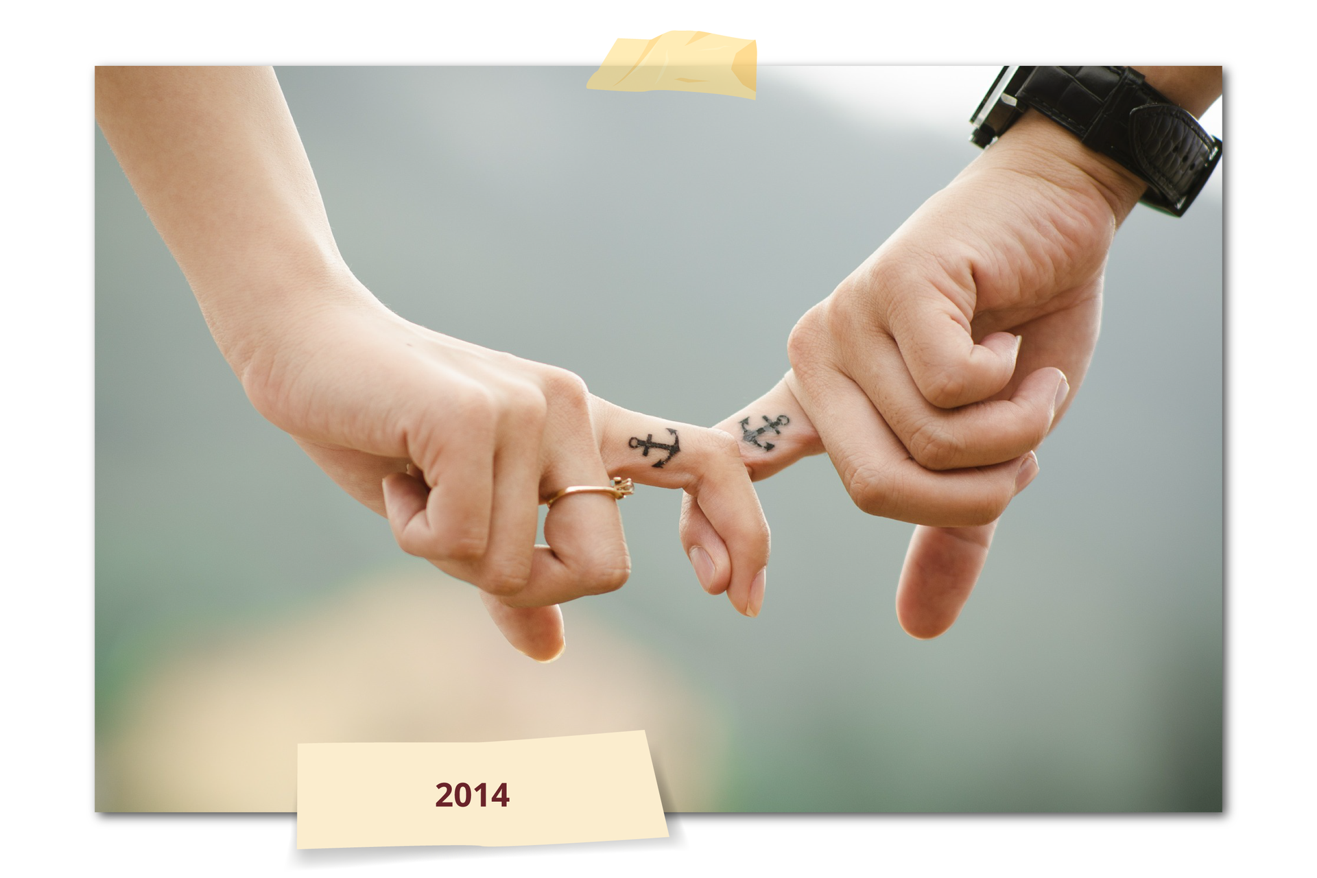 Ilustracja przedstawia dłoń dziewczyny i chłopaka zaplecione palcami wskazującymi. Na palcach mają wytatuowane kotwice. Rok: 2014.