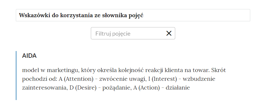 Grafika przedstawia widok na górną część słownika. W górnej części widoczny jest napis Wskazówki do korzystania ze słownika pojęć, poniżej w prostokątnej ramce z iksem po prawej stronie znajduje się pole wyszukiwania pojęć. W dolnej części widoczne jest przykładowo hasło ze słownika wraz z jego definicją.