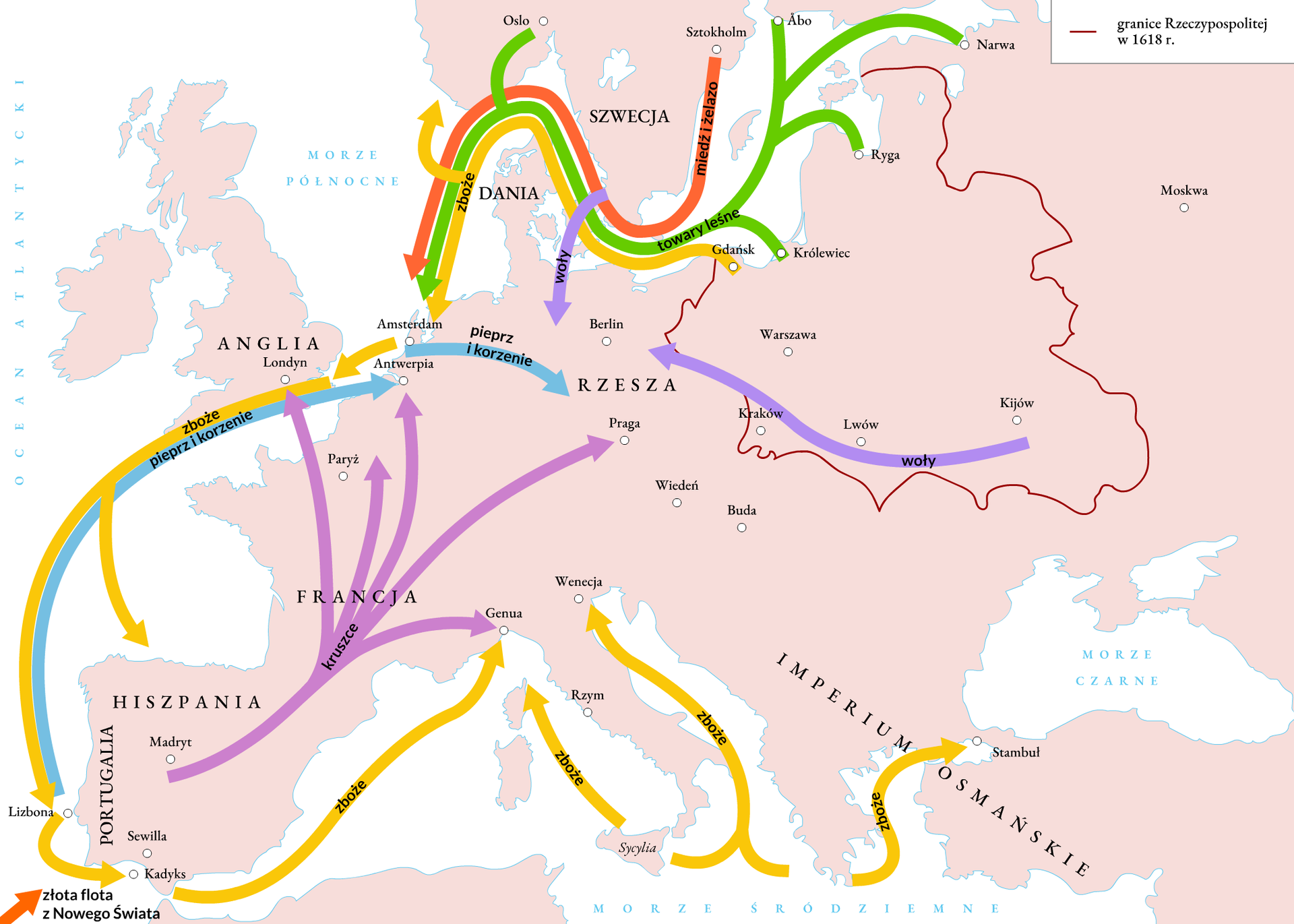 Na ilustracji mapa przedstawiająca gospodarkę europejską w XVI‑XVII wieku. 